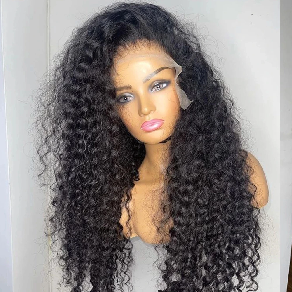 RONGDUOYI Deep Kinky Curl Synthetic Wig Long Black Curl Heat Fiber Natural Hairline Lace Front Wigs Daily Use Soft Hair