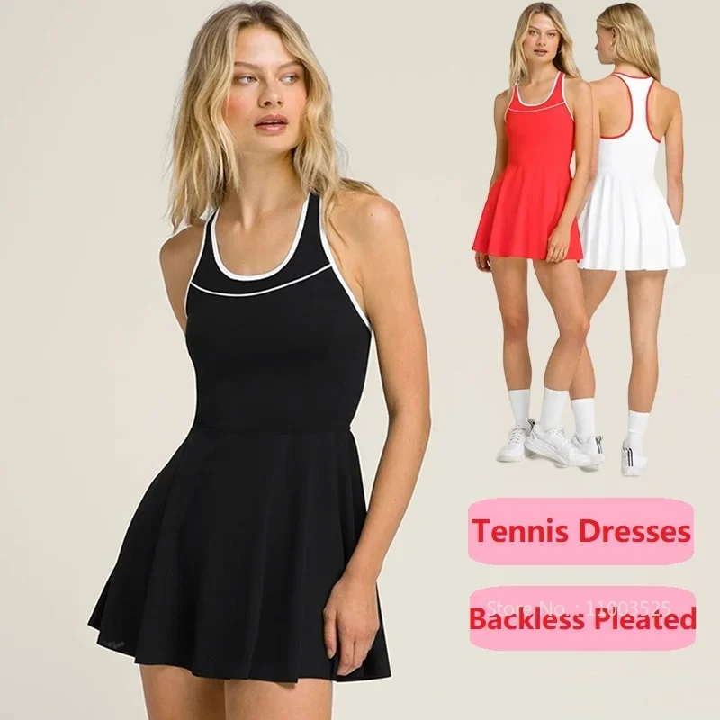 Women One-piece Tennis Dress Round Neck Racerback Dresses with Inner Separate Shorts Pockets Sleevesless Sports Skorts XS-XL
