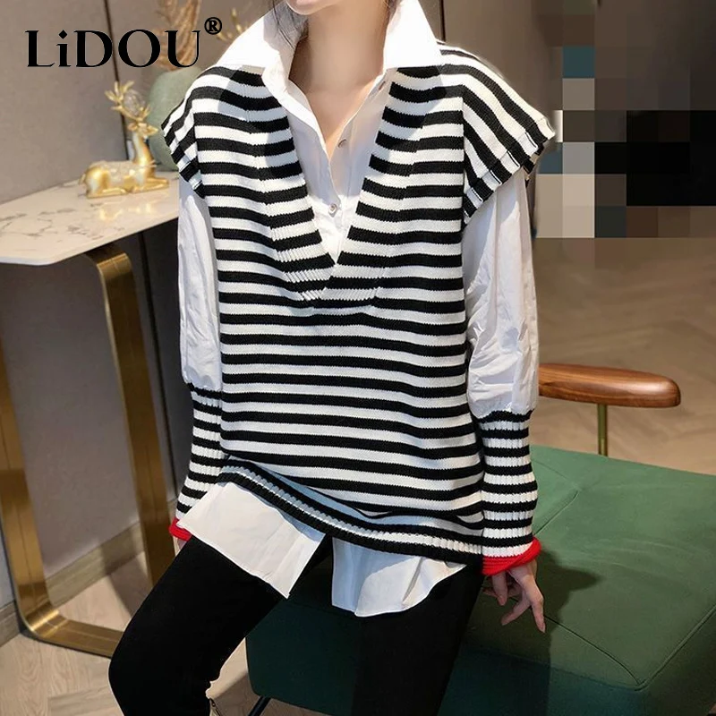 Spring Autumn Fashion Striped New Shirt Women High Street Long Sleeve Patchwork Fake Two Pieces Button Mid-length Pullovers baimushi y2k streetwear versatile sweater new retro hole fake two sweaters for men high street fashion punk style casual sweater