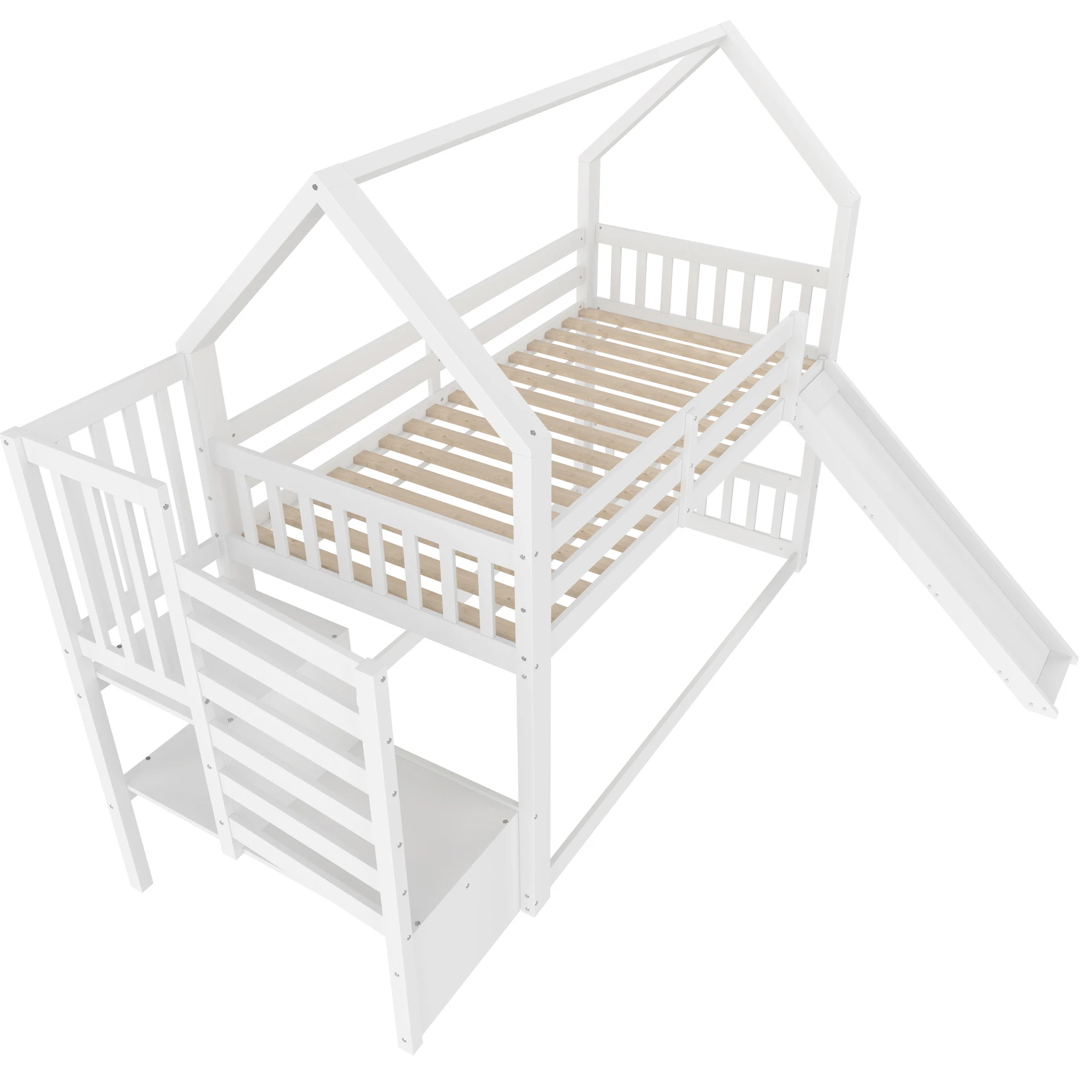 Etagenbett mit Stauraumtreppe und Rutsche, Hausbett (ohne Matratze), Kinderbett mit Geländer, geeignet für Kinder, Jugendliche – Detail 7