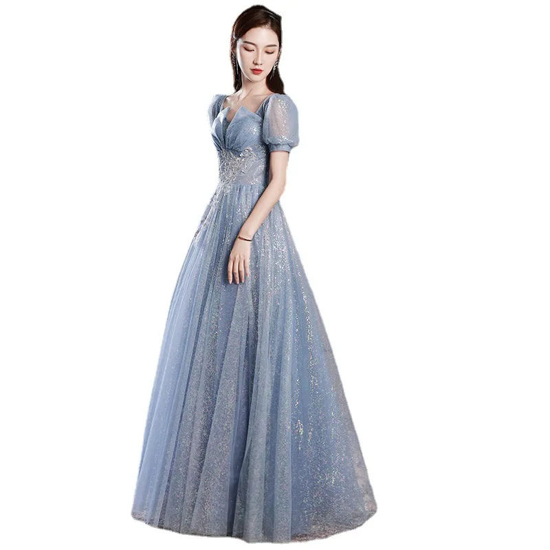 New greydish blue long lady girl women bridesmaid banquet party ball prom dress performance gown