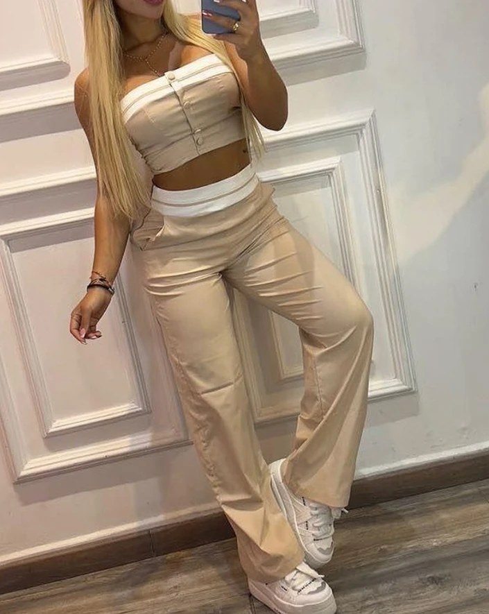 

Women's Two-Piece Contrast Paneled Bandeau Top&pants Set 2024 Spring/summer Latest Casual Style Commuter Sleeveless Daily Set