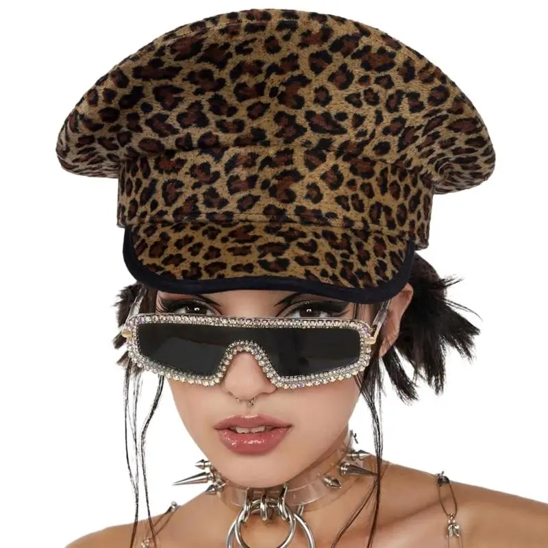 P88B Hat Leopard Print Captain Hat for Music Festivals Dancer