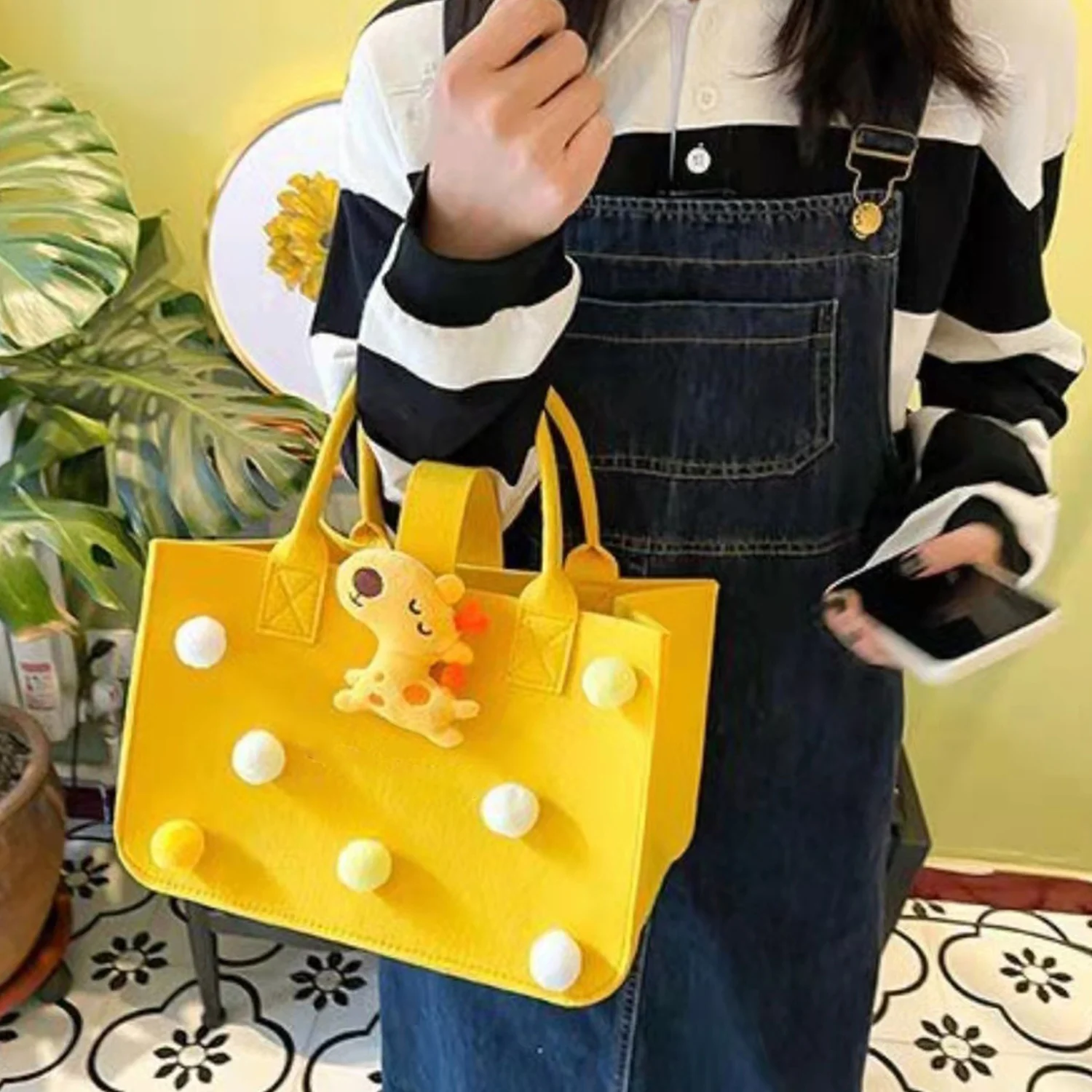 

Cartoon Tote Bags Handbag For Women Solid Color Hand-held Bag Cute Doll Handbag Felt Ball Series Small Square Bag Female Gifts