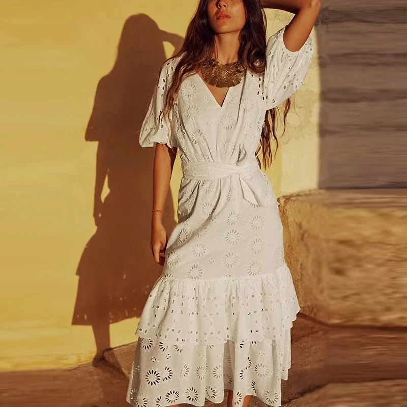 

TEELYNN Vintage Hollow Out Lace Dress for Women Casual Puff Sleeve Cotton Dresses Summmer Boho Beach Floral Embroidery Vestidos