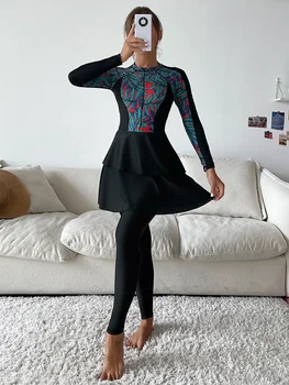 3PCS Women Muslim Swimwear Print Full Cover Swimsuit Hijab Islamic Burkinis Beachwear Swimming Bathing Suit