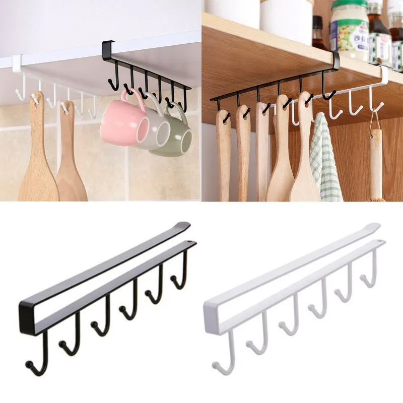 

6 Hooks Storage Shelf Wardrobe Kitchen Bathroom Organizer Iron Metal Under Shelves Hanging Rack Mug Cup Utensils Holder Kitchen