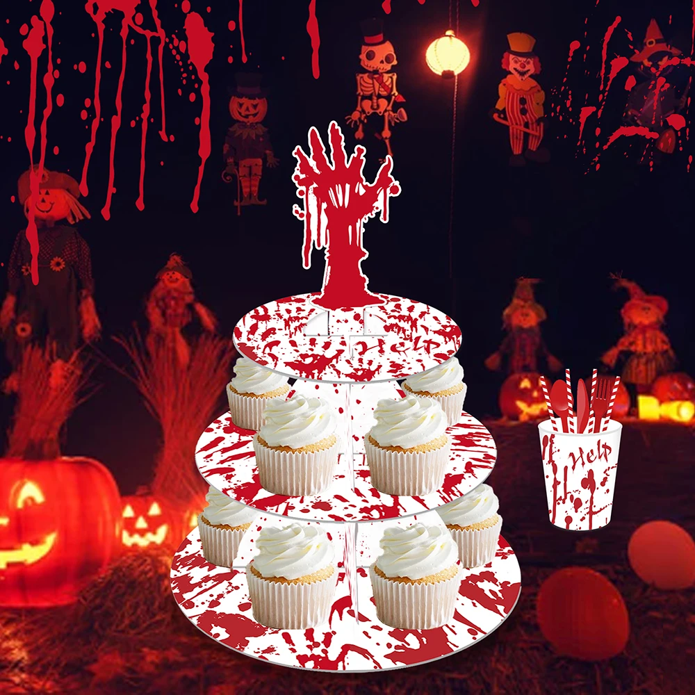 

Red Blood Handprint Cartoon Halloween Party Paper Cupcake Display Stand All Saints' Day Party Cake Decorations Backdrops