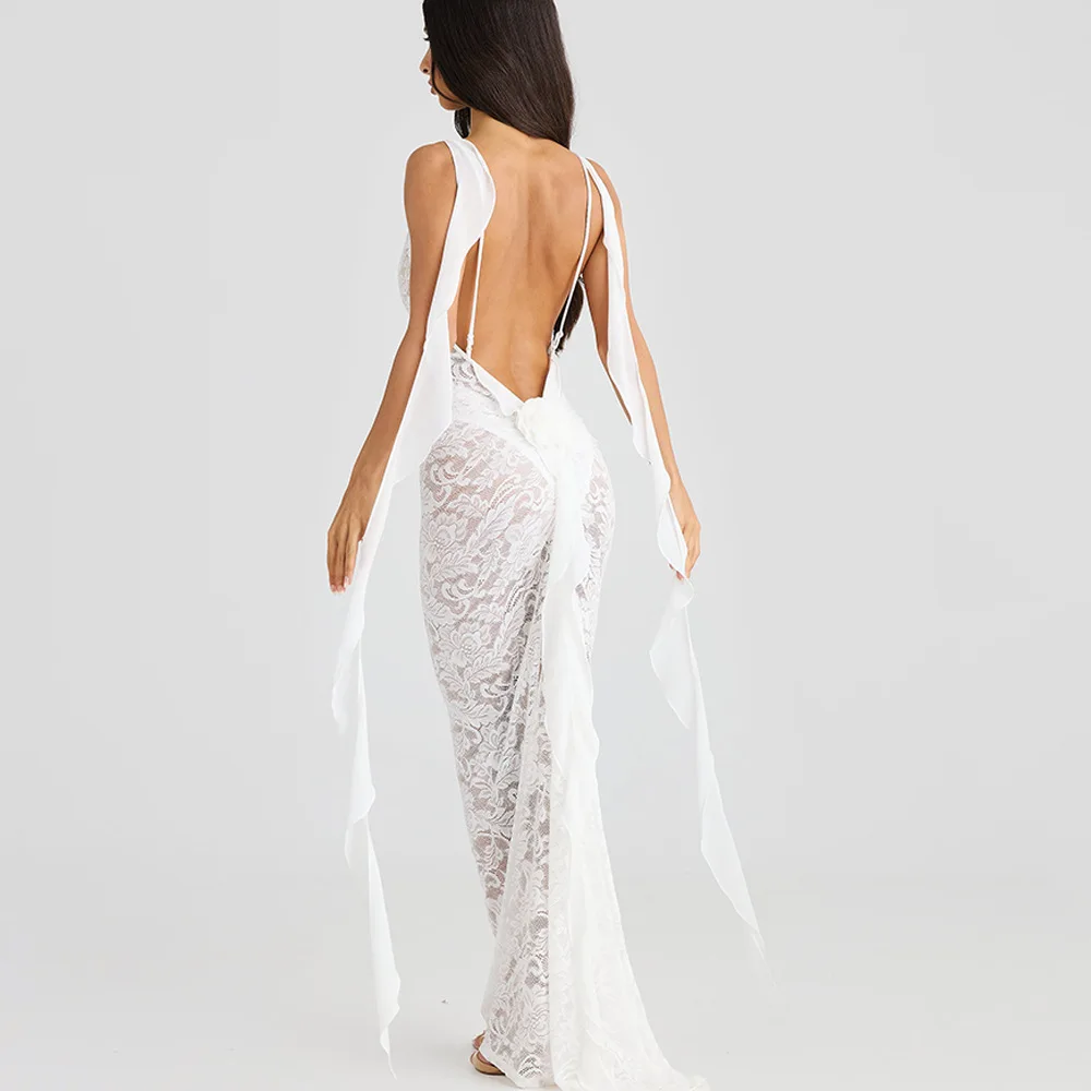 Sexy Sleeveless Lace Patchwork Print Women Backless Party Evening Dress 2025 New Trailing Long Skirt Flowing Vestido