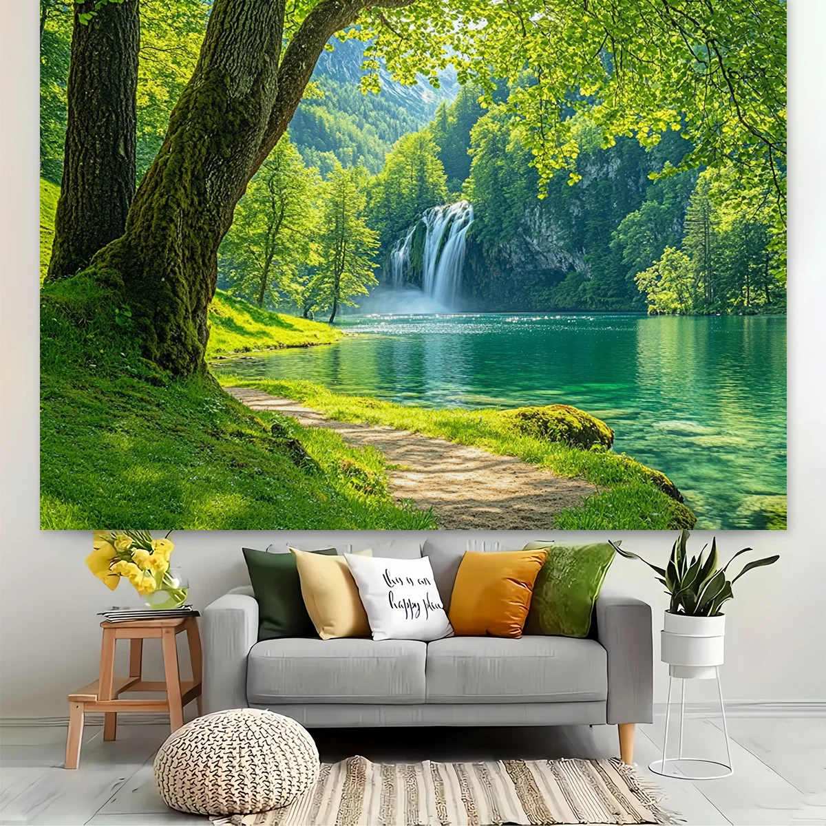 Wandbehang aus Polyester-Waldwasserfall, frühlingsgrüner Hintergrund mit natürlicher Landschaft, Festivaldekoration, Geburtstagsparty-Dekoration – Detail 7