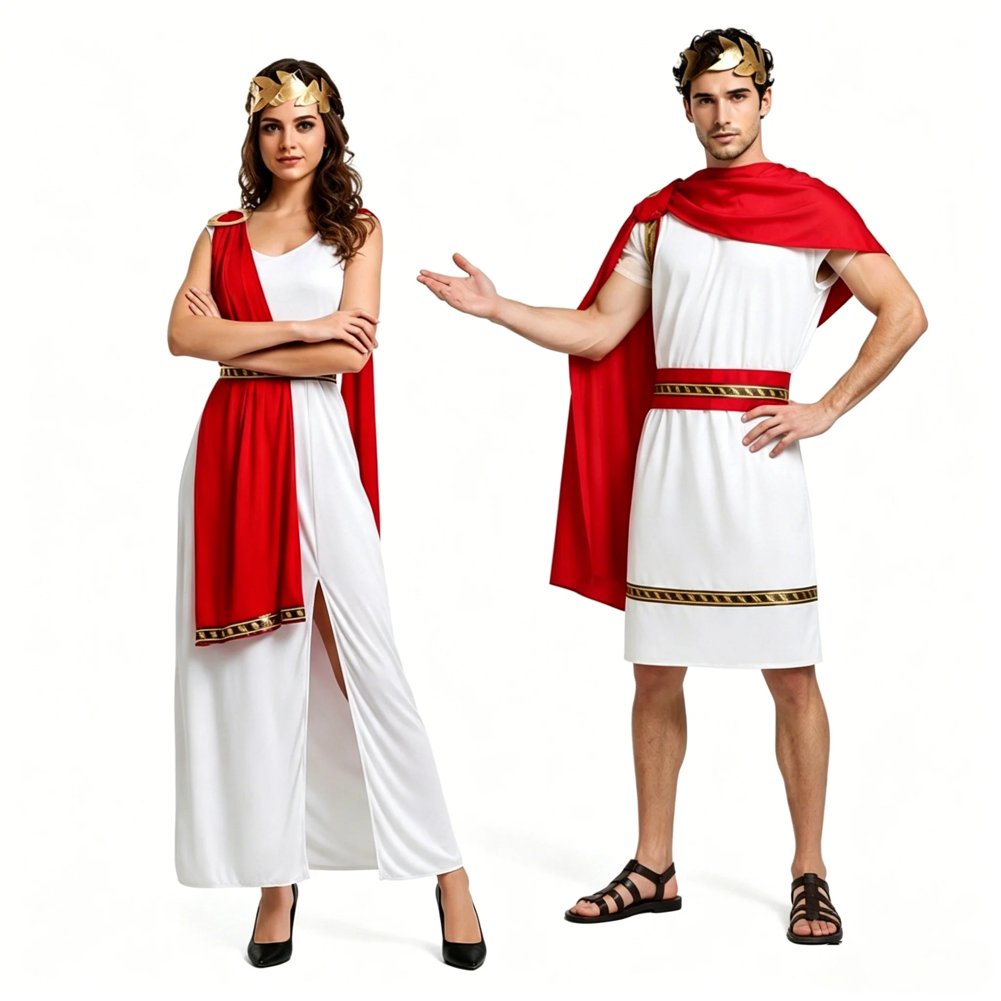 Costume Romano Greco per Adulti, Uomini e Donne, Toga Bianca, Mantello Rosso, Corona d'Alloro Dorata, Set per Halloween e Carnevale - immagine 5