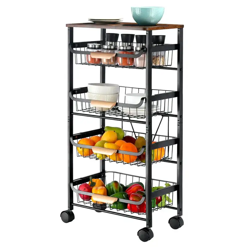 

5 Tier Rolling Utility Cart Fruit Storage Basket Kitchen Serving Storage Cart