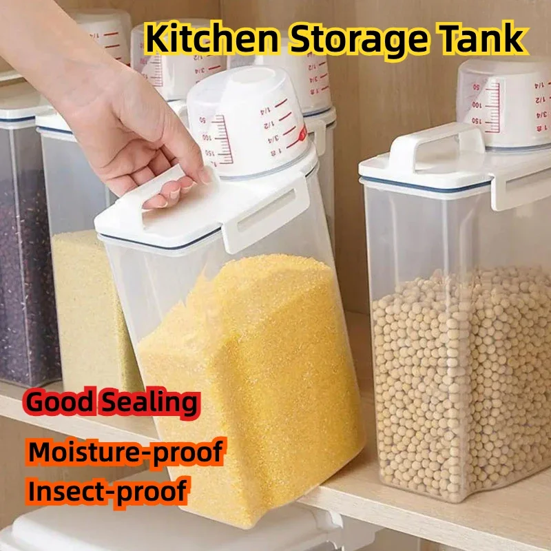 Rice And Grains Food Storage Canister Measuring Cup Kitchen Moisture-proof Insect-proof Dust-proof 2L 1pc