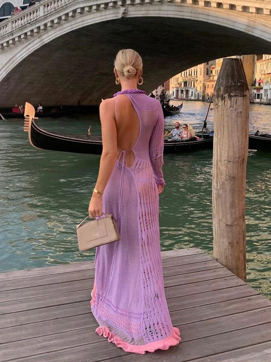 Swimsuit Cover Up Contrast Color Hollow-Out Knit Beach Long Dress Summer