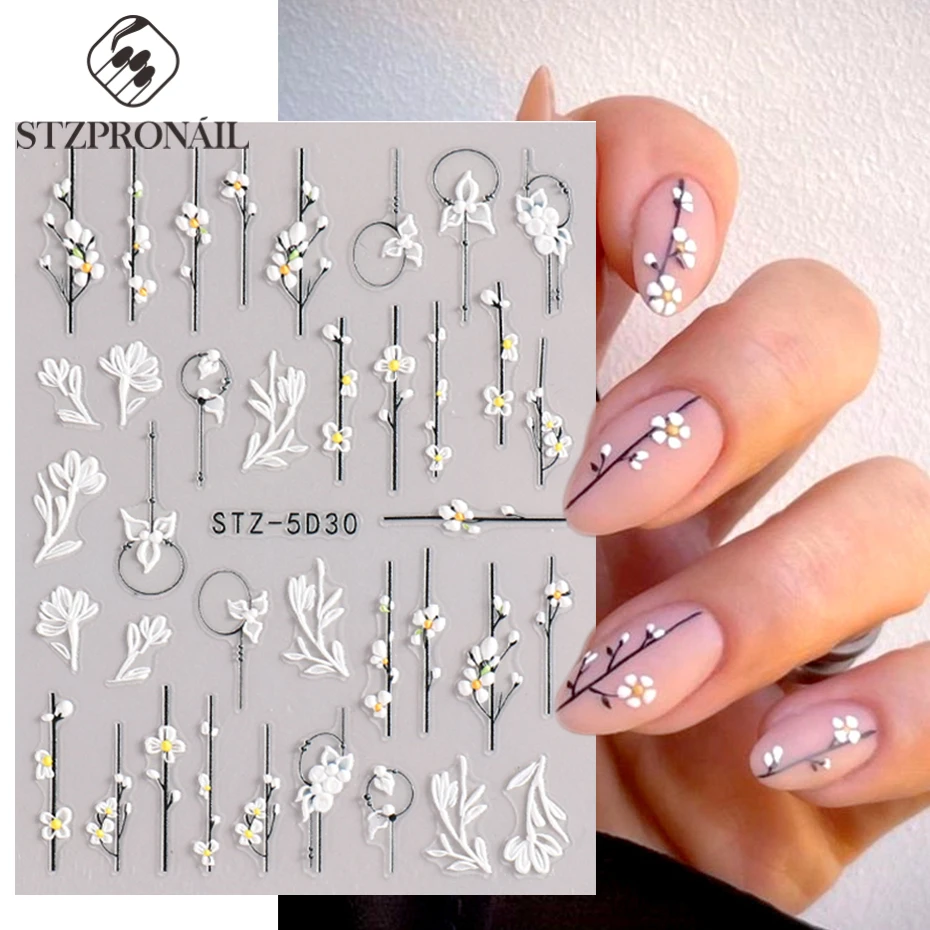 5D Simple Flower Embossed Nail Art Stickers Snowdrop Tulip Lace Elegant Wedding Engraved Design Slider DIY Nail Decor SLSTZ-5D30