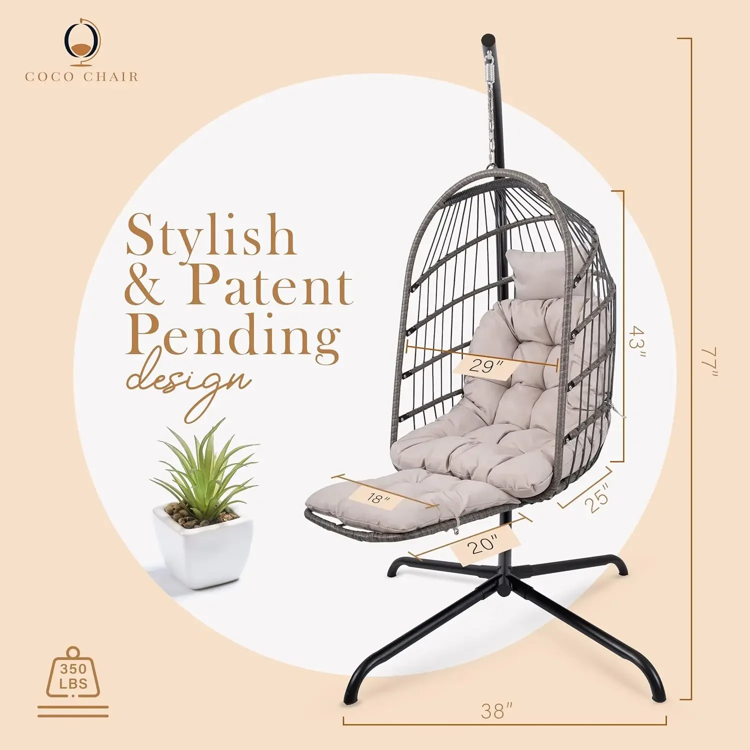 NEW-Hanging Egg Chair with Stand & Leg Rest | Gray Egg Chair Outdoor with Included Pillow | Swinging Chair for Outdoor and Indoo