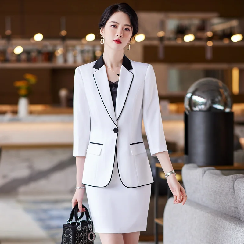 

Корейский Весенний костюм большого размера, офисный женский деловой костюм с белым воротником, официальное профессиональное платье, рабочая одежда, костюм из искусственной кожи синего цвета с юбкой