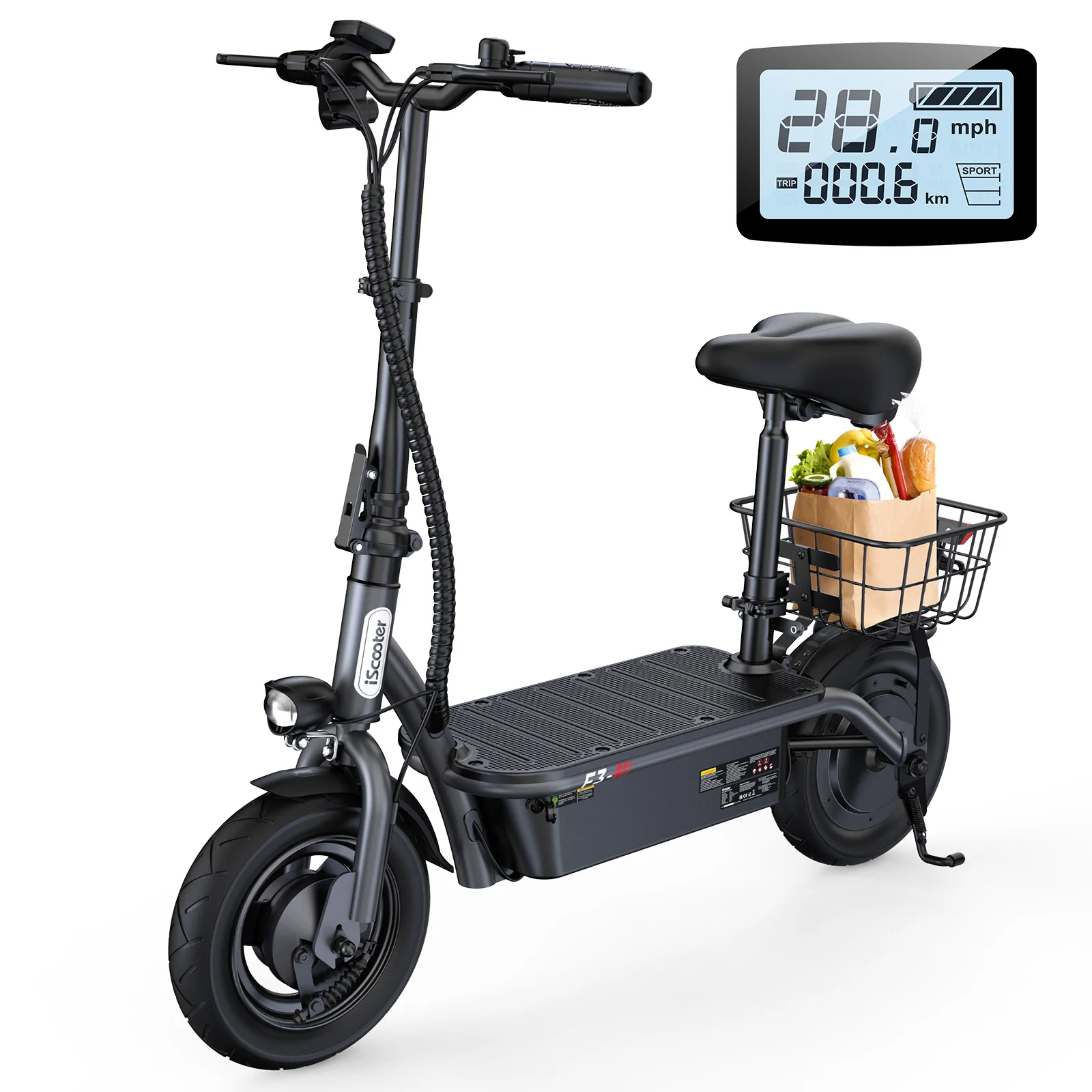 Monopattino Elettrico iScooter F3 10'' con Motore 1000W, Batteria 48V/13Ah, Velocità Massima 45KM/H, Sedile e Cestino, Piccolo Scooter per la Spesa - immagine 2