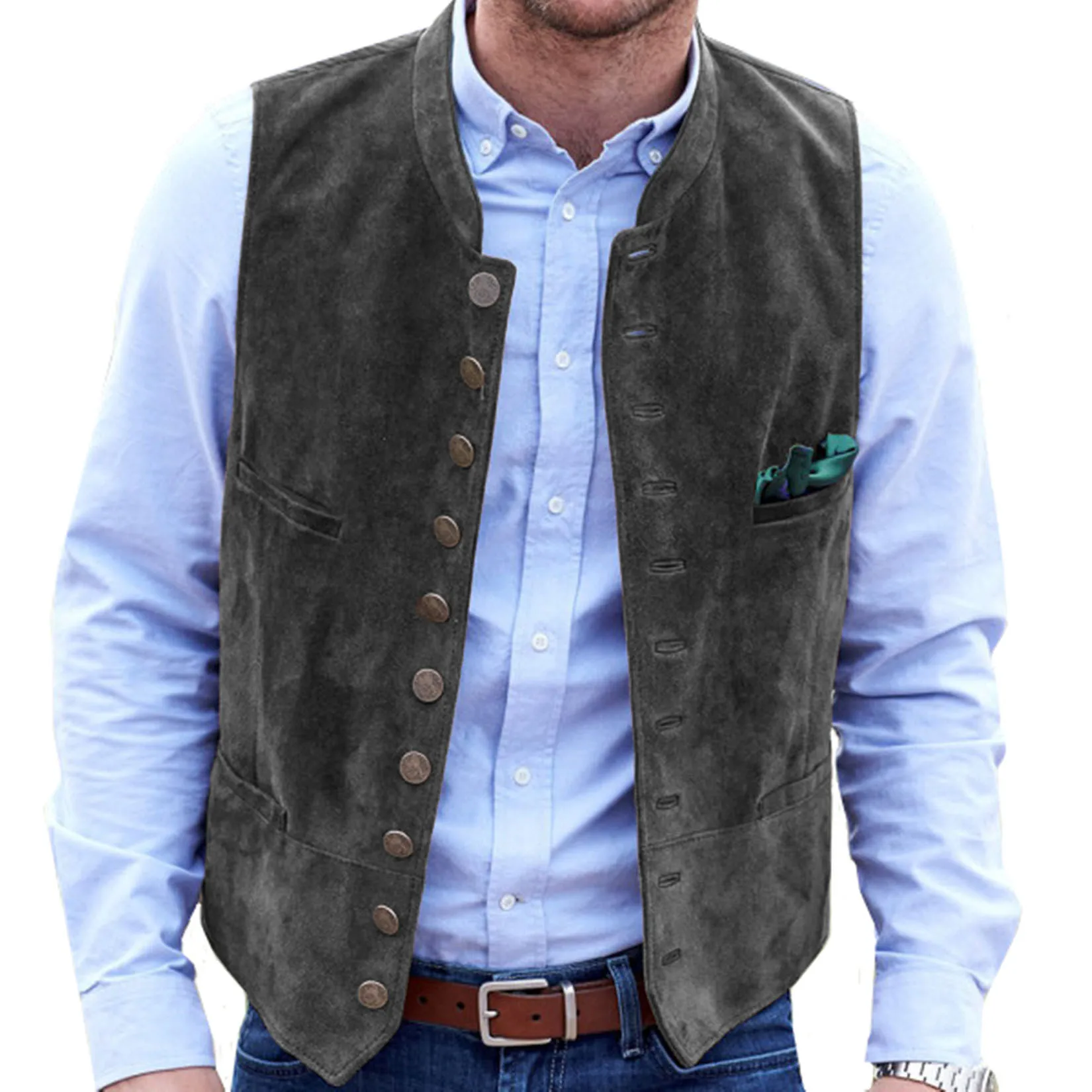 Men Brown Frosted Velvet Vest Daily Casual Style Waistcoat Round Neck Single Breasted Sleeveless Male Jacket