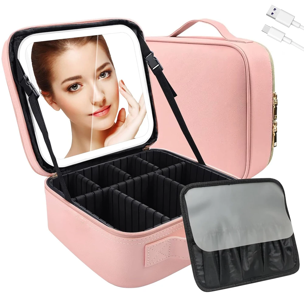 กระเป๋าแต่งหน้าพร้อมกระจกกระเป๋าเดินทางที่เก็บเครื่องสําอางออแกไนเซอร์ Light Up 3 สีไฟ LED วงเวียนปรับได้และที่วางแปรง 1