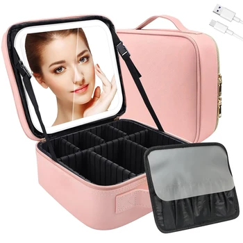 Borsa per il trucco con specchio Custodia da viaggio Organizzatore cosmetico illuminato Luci a LED a 3 colori Divisori regolabili e portaspazzole