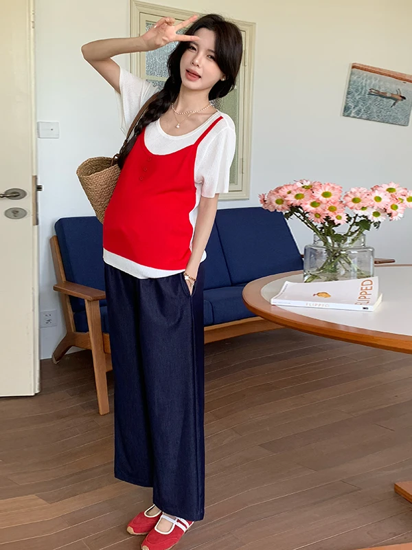 노라퀸 임산부 와이드 레그 팬츠 여름 얇은 스포티 루즈 드로스트링 9부 시뮬레이션 텐셀 아우터 슬리밍