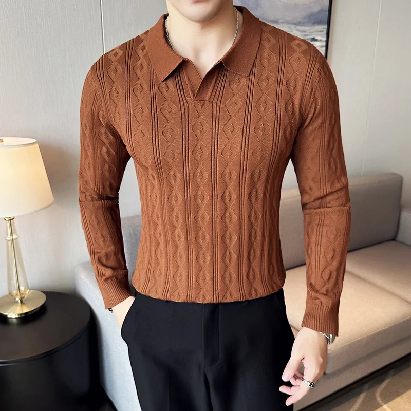 

Autumn Winter Men's Sweater British Style Casual Solid Knitted Sweater Slim Fit Lapel Long Sleeve Business Sweater Men Clothing