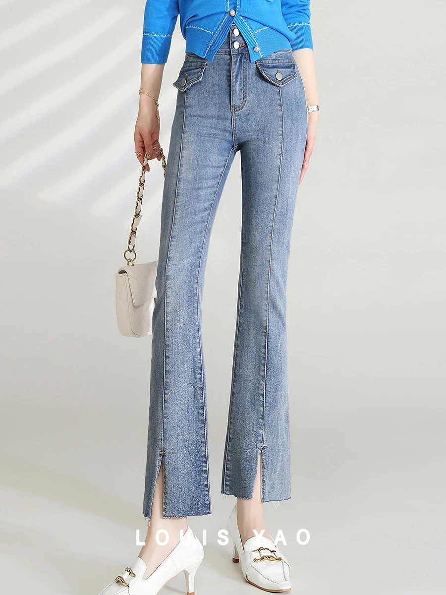 

LOUIS YAO Women Jeans 2024 Summer New Slim Fit High Waist Vent Flares Cropped Denim Pants Fashionable Women Trousers