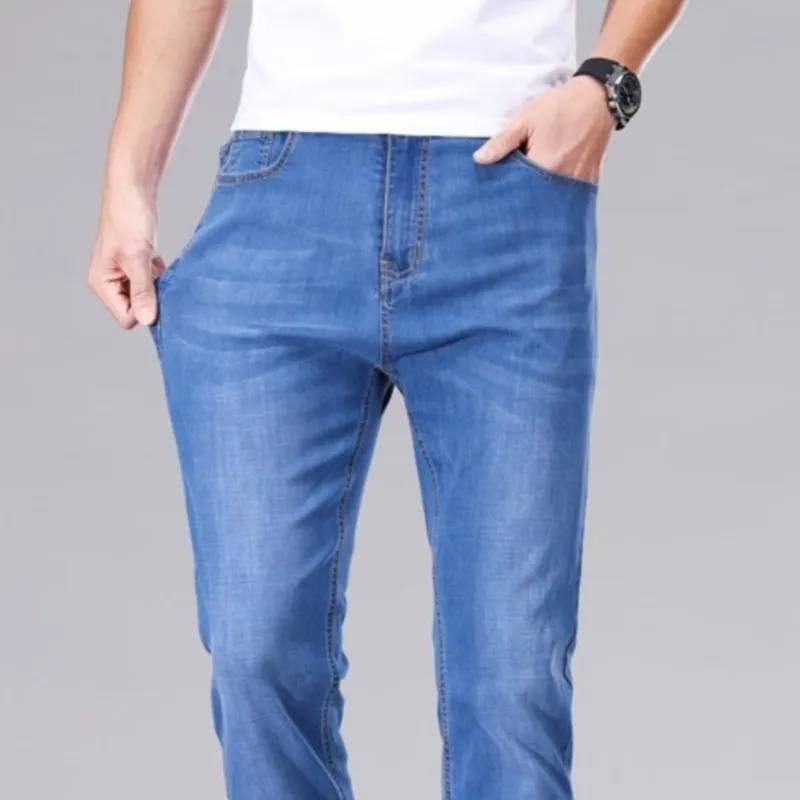 Men's Stretch Denim Jeans Thin New Business Casual Straight Pants Black Blue Trousers Daily Male Trousers Dropship Plus Size 3