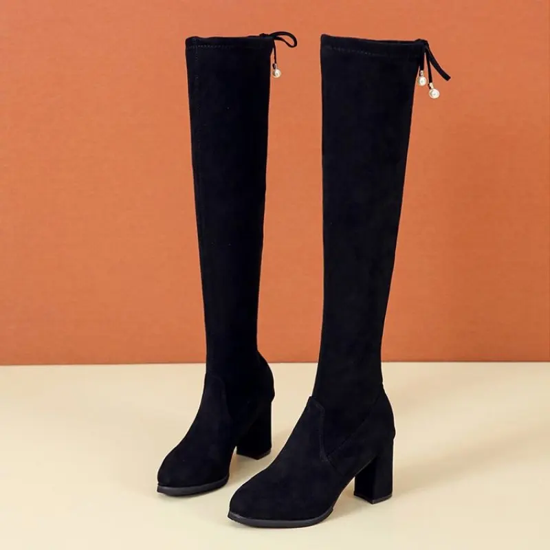 Flannel Boots Autumn and Winter Riding Boots High-heeled Boots Over-the-knee Boots Thick Heel Non-slip Warm Women's Boots Boot