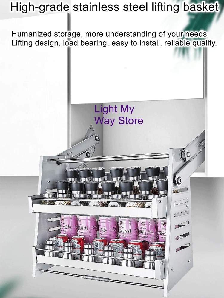 Lifting basket kitchen pull-down cabinet storage rack stainless steel aluminum alloy basket storage rack hanging cabinet
