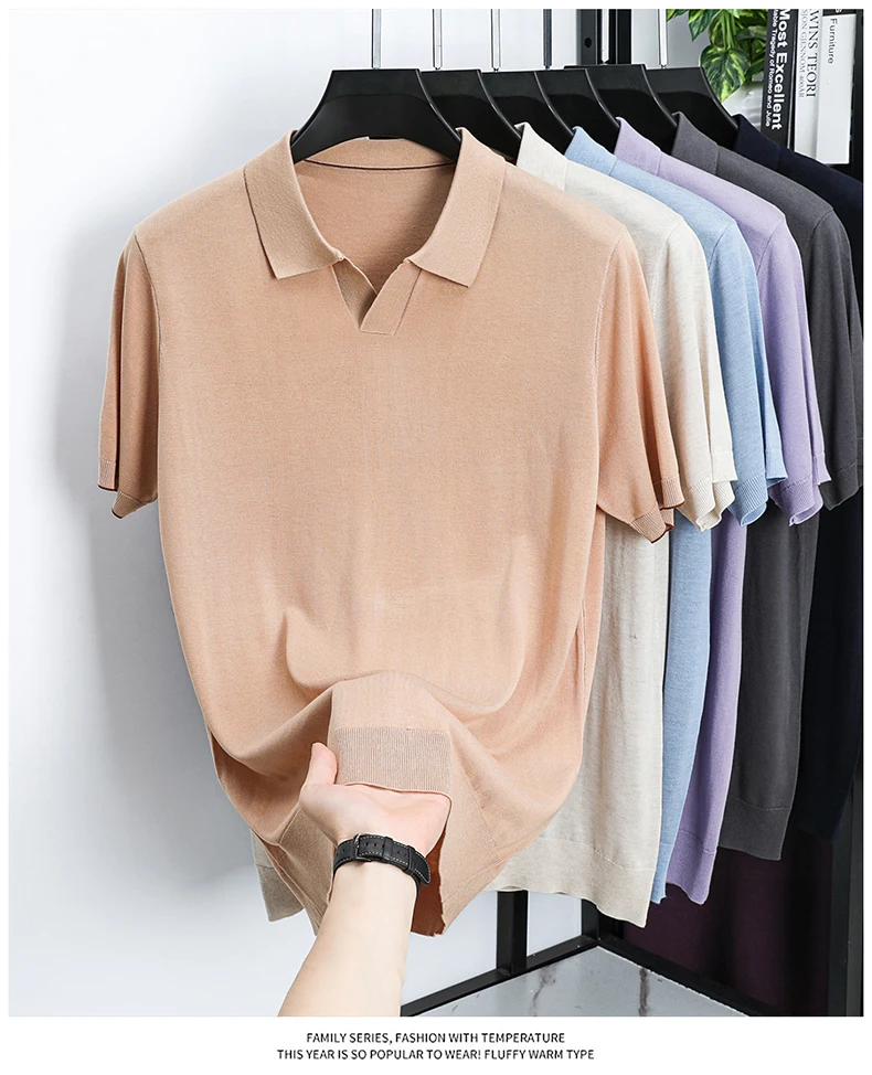 100% Lyocell Knitwear 2025 Men Spring Summer Trendy Turn Down Collar Knit Tees Short Sleeve Breathable Knit Tops