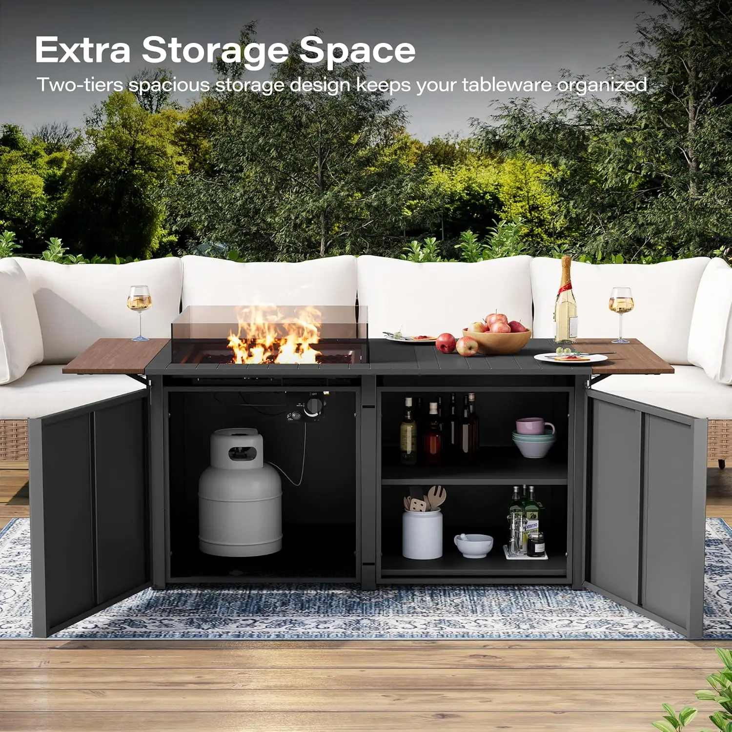 64" Gas Fire Pit Table for Outside Patio, 55,000 BTU Propane Firepit with Expandable Tabletop & Wind Guard 5