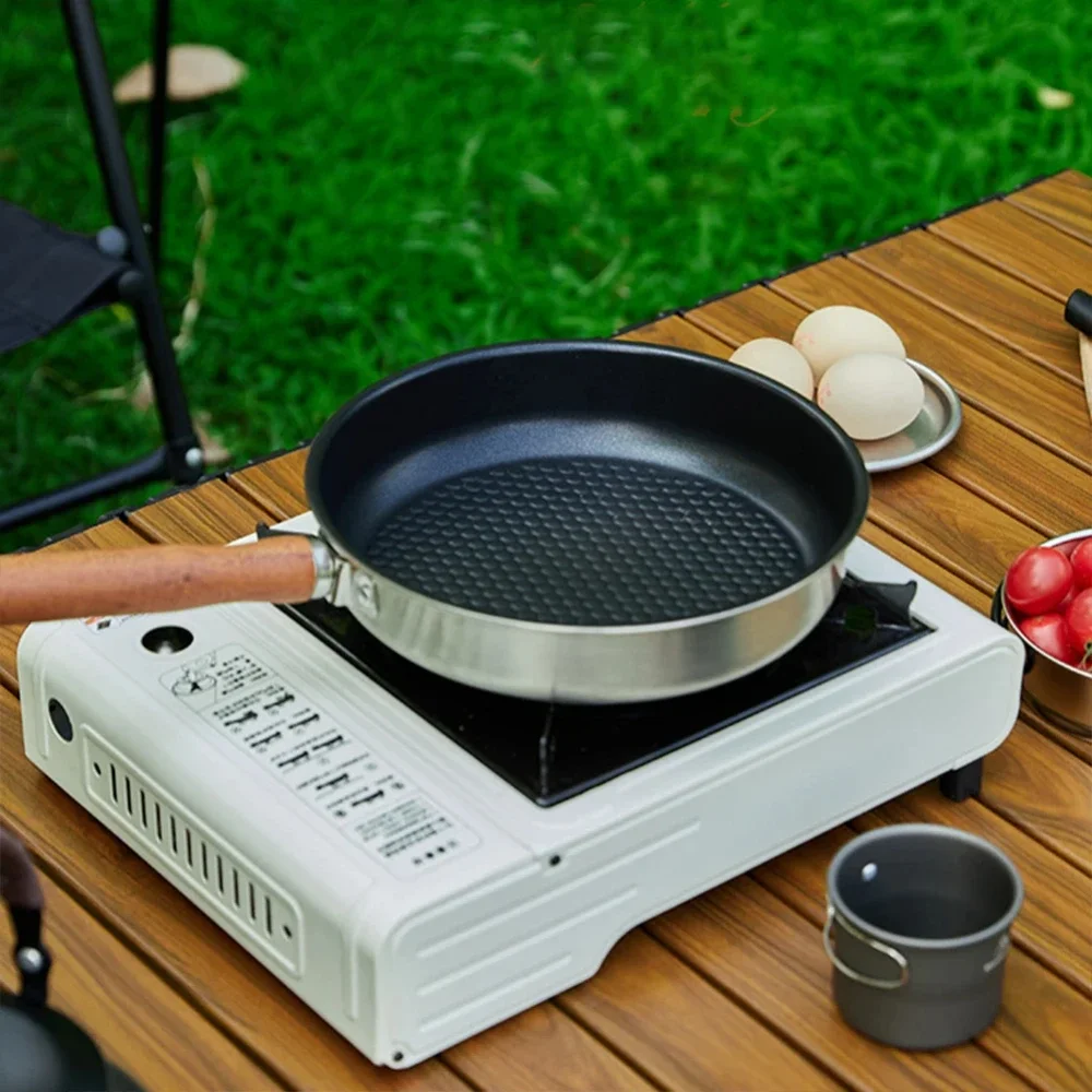 Outdoor Portable Stainless Steel Mini Wok Pan Non-Stick Egg & Steak Flat-Bottomed Frying Pan for Camping Hiking Travel Picnics