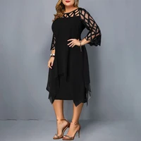 2025 Hollow Out Chiffon Midi Dress Women Spring Summer O Neck Irregular Black Dresses Elegant Office Lady Evening Party Robes - Image 2
