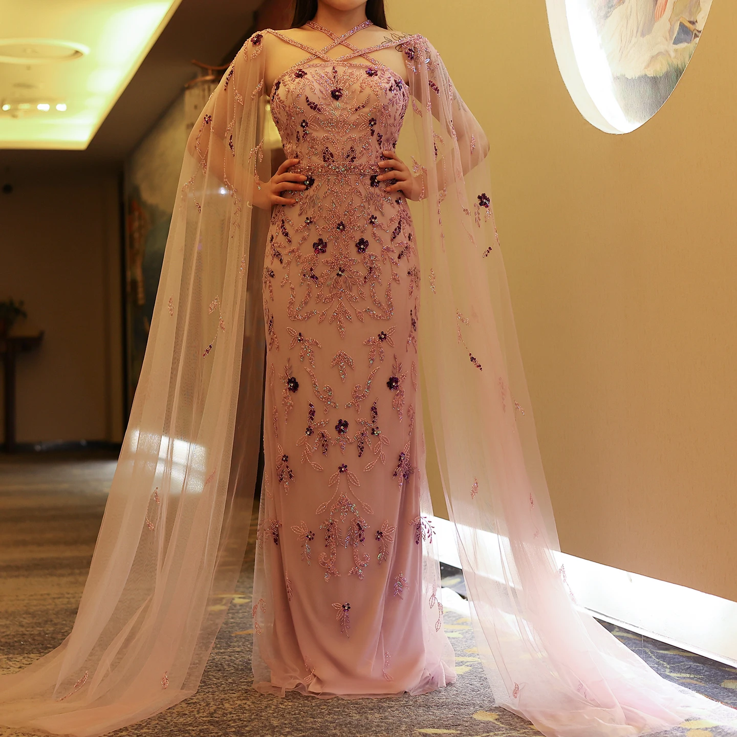 Luxury Dubai Lilac Arabic Evening Dresses with Cape Sleeves Criss Cross Elegant Arab Women Wedding Party Gowns 370 1 Luxury Dubai Lilac Arabic Evening Dresses with Cape Sleeves Criss Cross Elegant Arab Women Wedding Party Gowns 370 1