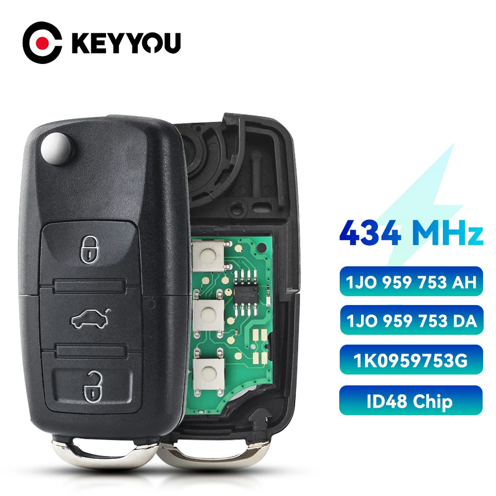 Keyyou 3-Tasten-Fernautoschlüssel für vw passat polo skoda sitz polo/golf/käfer 1 j0959753 da/ah 1 k0959753g 434mhz id48