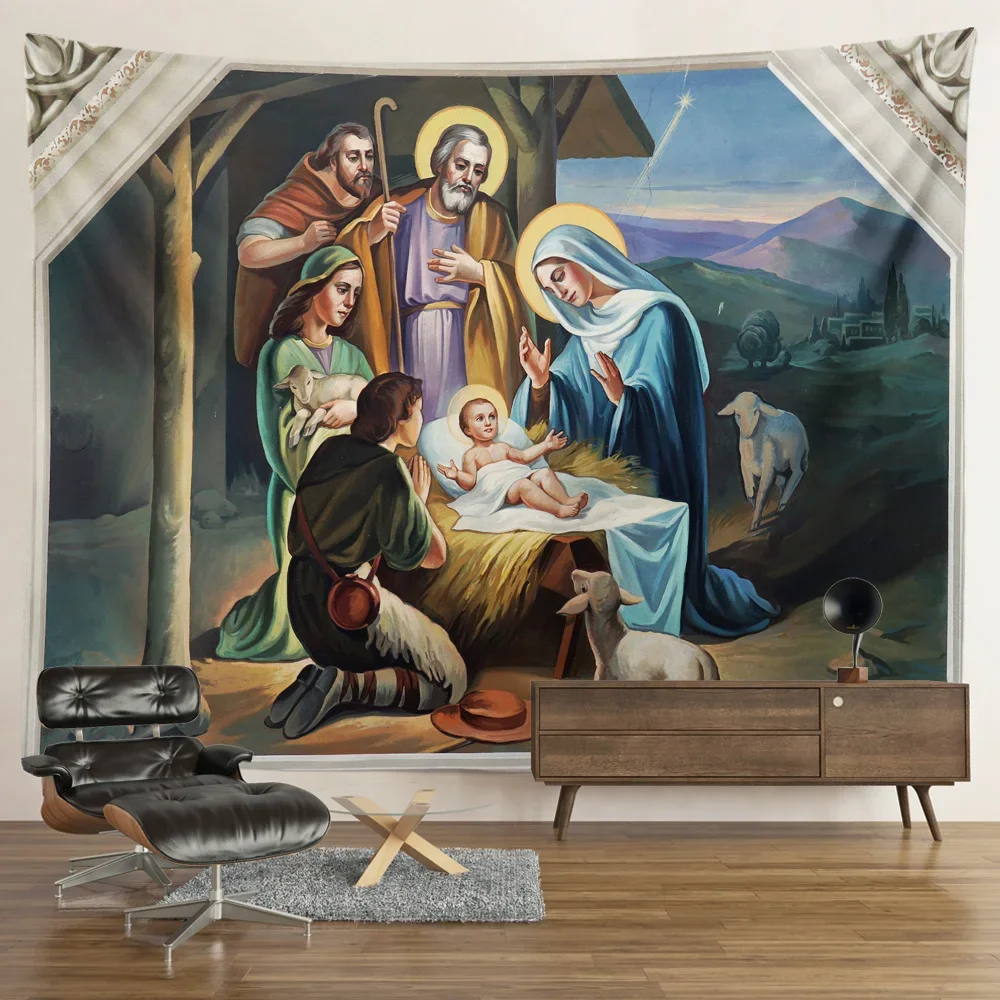 Nativity hanging angel tapestry Jesus birth manger barn wall hanging Easter Christmas decoration Christ tapestry aesthetic tapestry decor wall flag decor