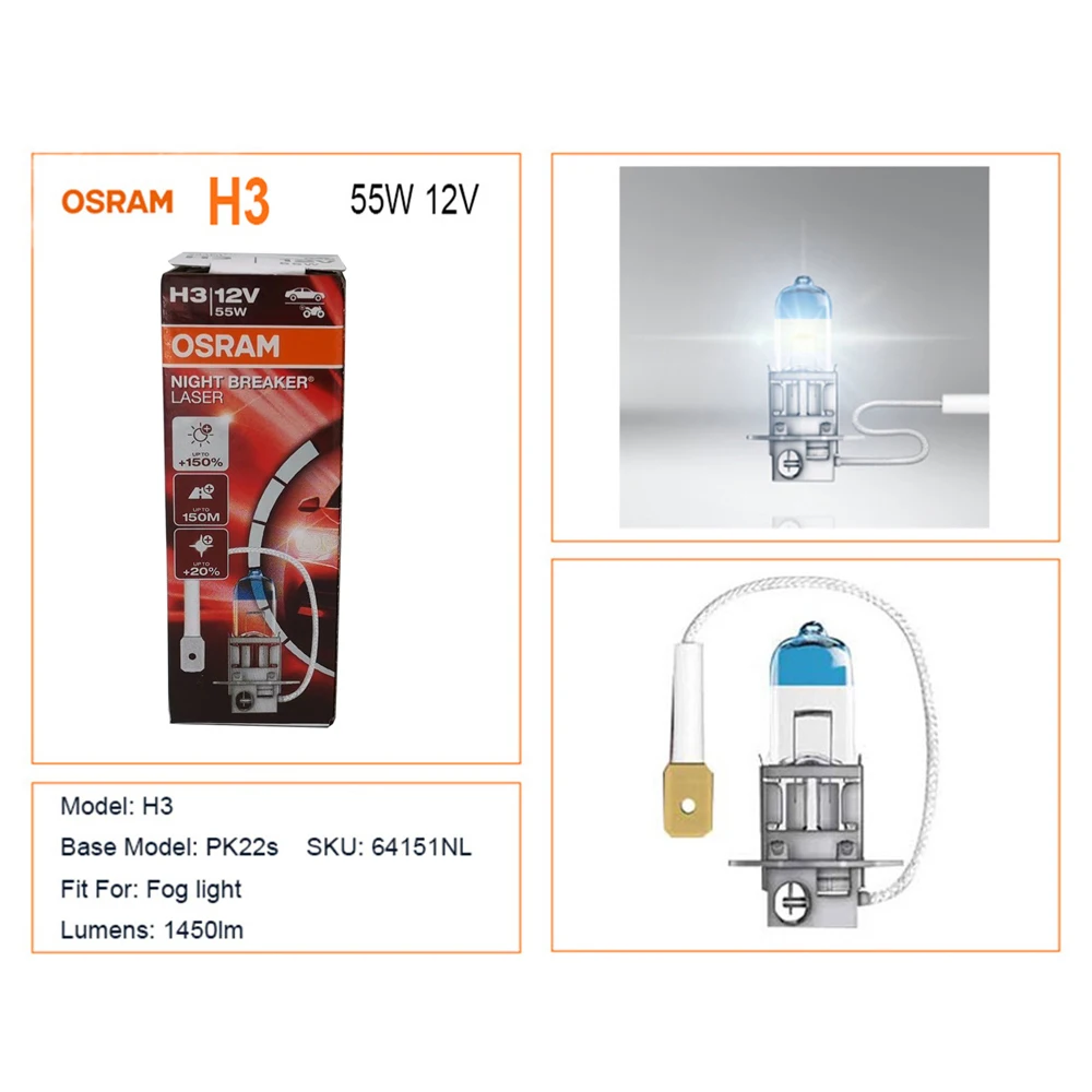 OSRAM 야간 차단기 레이저, 차세대 할로겐 안개등, Hi/lo 빔 자동 전구, H1 64150NL H3 64151NL, 12V, 55W, 3700K, 2 개