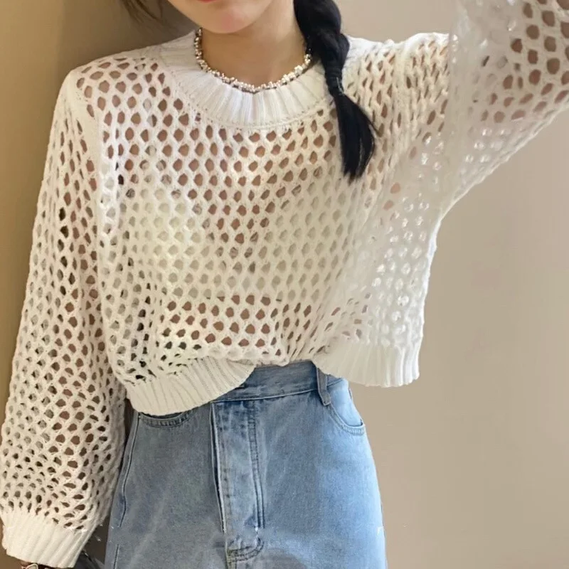

Ekaliy Women Vintage Casual Knitwear Solid Long Sleeve O-Neck Hollow Out T-shirt Fashion Beach Streetwear 2023 Summer Crop Tops