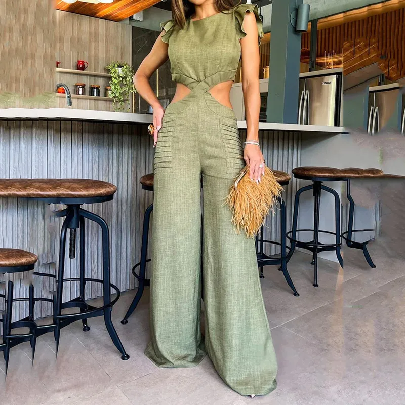 

Women Ruffled Short Sleeve Jumpsuit Summer Open Waist Wide Legs Romper Fashion Solid O Neck Hollow Out Loose Long Pants Playsuit