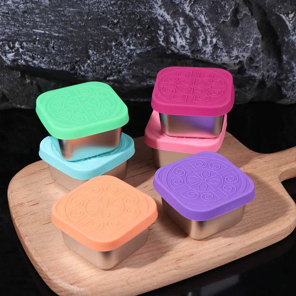 6pcs 휴대용 304 스테인레스 스틸 샐러드 드레싱 컵 누출 방지 사각형 소스 컵 실리콘 뚜껑 60/180ml 스낵 박스 학교