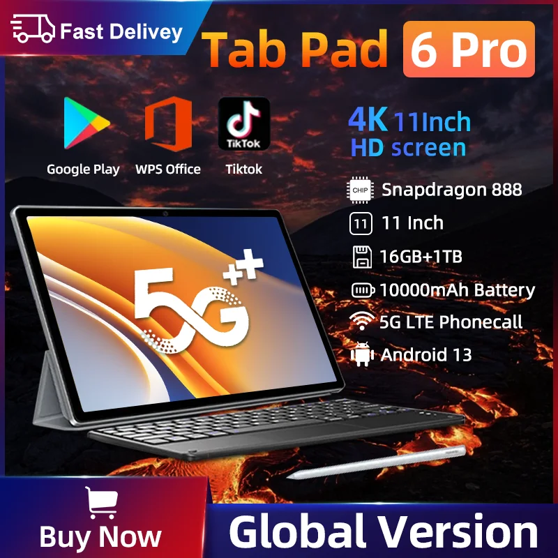 2023 오리지널 글로벌 버전 패드 6 프로 태블릿 PC, 스냅드래곤 888, 10000mAh, 안드로이드 13.0 RAM, 16GB ROM, 512GB, 11 인치, 5G 와이파이, 미 탭