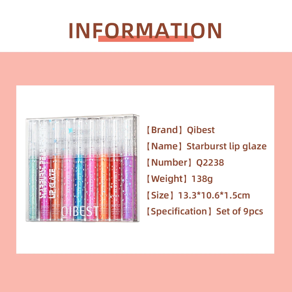 QIBEST 9 Colors Lip Gloss Set Starburst Pearlescent Liquid Lipstick Shiny Moisturizing Lip Glaze Glitter Makeup Kit Long-lasting 5