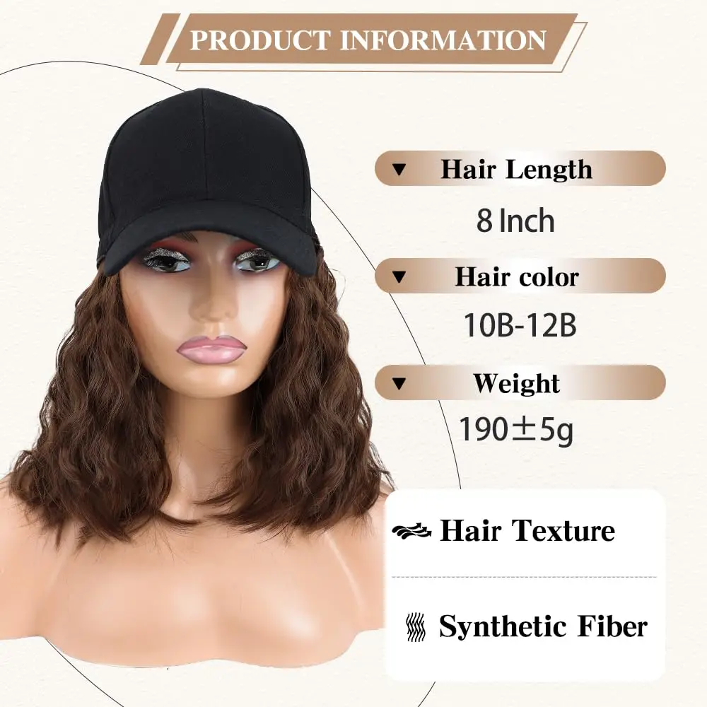 Short Wave Baseball Cap Wig with Curly Hair Extension Synthetic Wave Wig Hat for Women Adjustable Brown Black Baseball Hat Wig