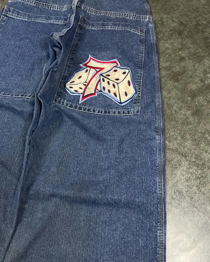 JNCO 남녀공용 하이 웨이스트 빈티지 배기 청바지, Y2k 힙합 록 자수 스트리트웨어, 블루 스트레이트 와이드 레그 팬츠, 2024 신상