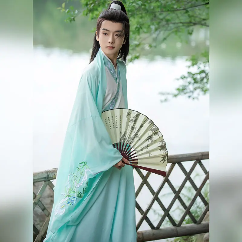 

Yourqipao Summer Performance Hanfu Cross-collared Shirts Fresh Elegant Chiffon Chinese Traditional Style Hanfu Dress for Men