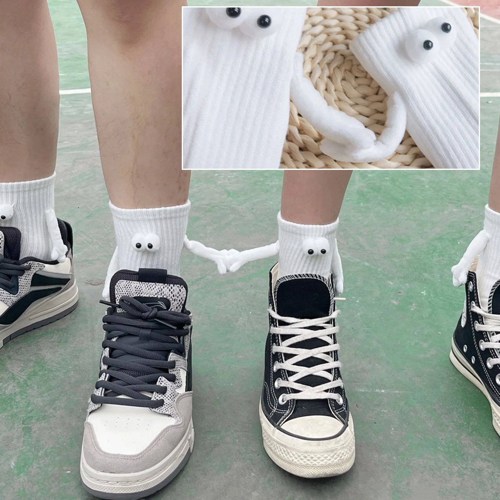 1 Pair Magnetic Socks With Hands Women Men Fashion Black White Funny Cute Cartoon Eyes Couple Mid-tube Socks for Gifts