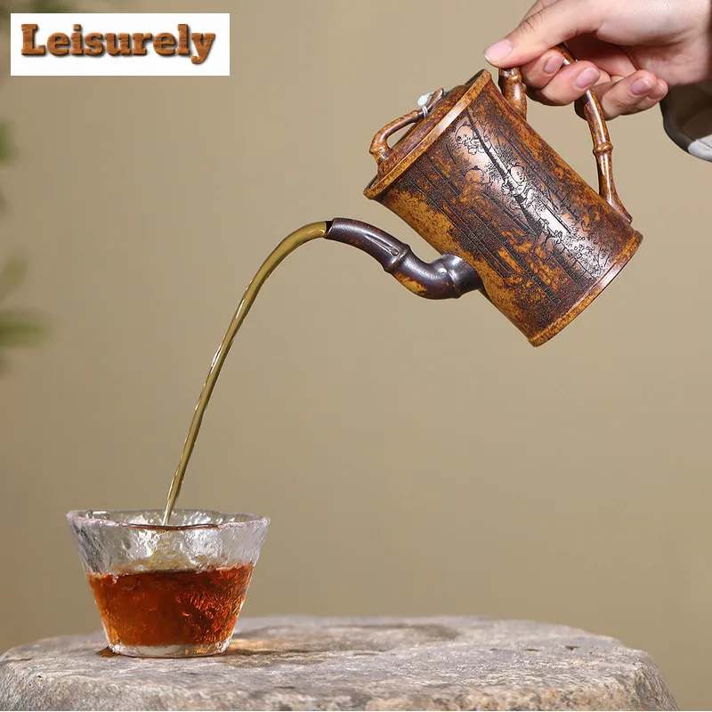 330ml Yixing Purple Clay Teapots Handmade High Bamboo Joint Pot Raw Ore The Keel Gold Sand Mud Kettle With Strainer Zisha Teaset