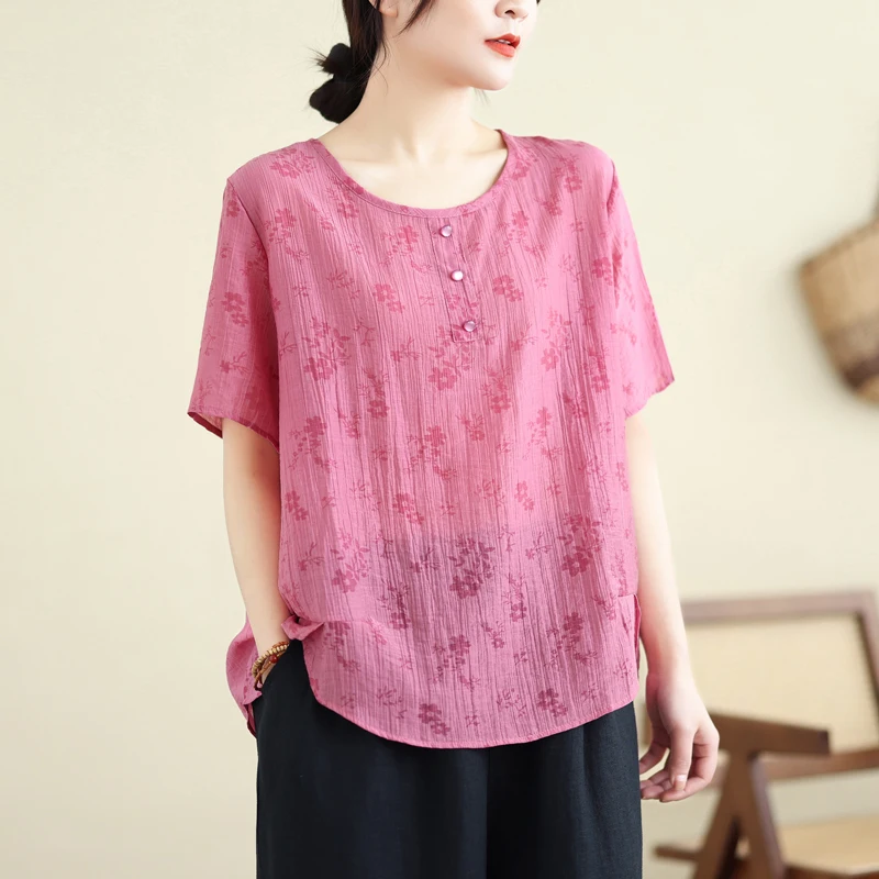 

Женская Свободная блузка из хлопка и льна, Повседневная рубашка с цветочным принтом, круглым вырезом и короткими рукавами, модель V425 в декоративном стиле на лето, 2024